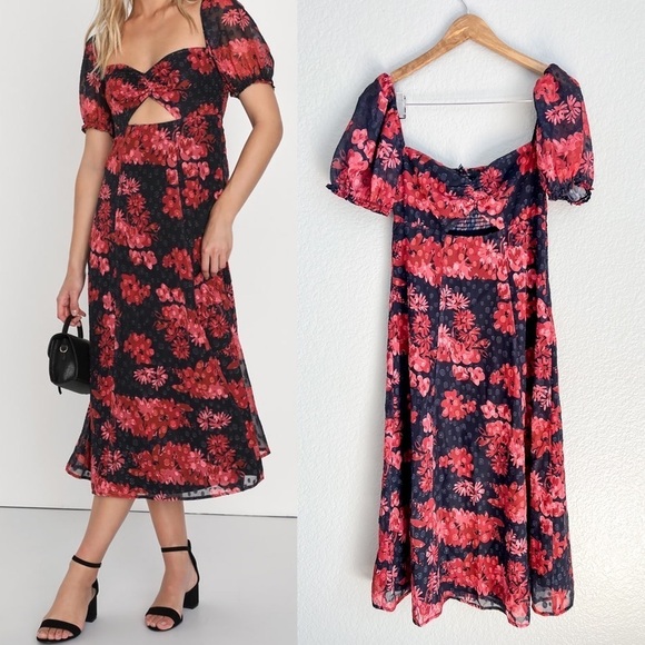 Lulus Dresses & Skirts - Truly Charming Black & Red Floral Puff Sleeve Cutout Midi Dress S NWOT